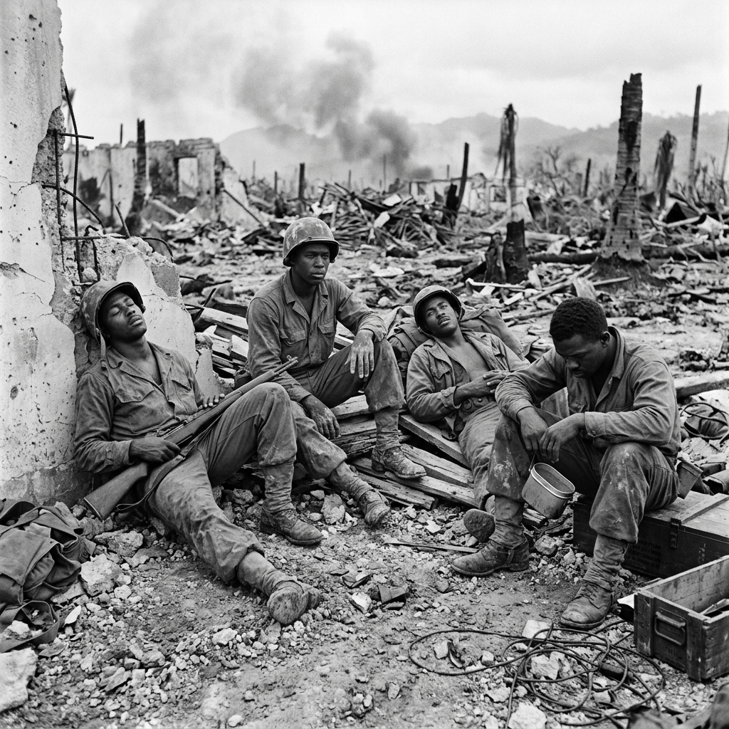 Four soldiers sitting and leaning against rubble in a devastated war zone with smoke in the distance